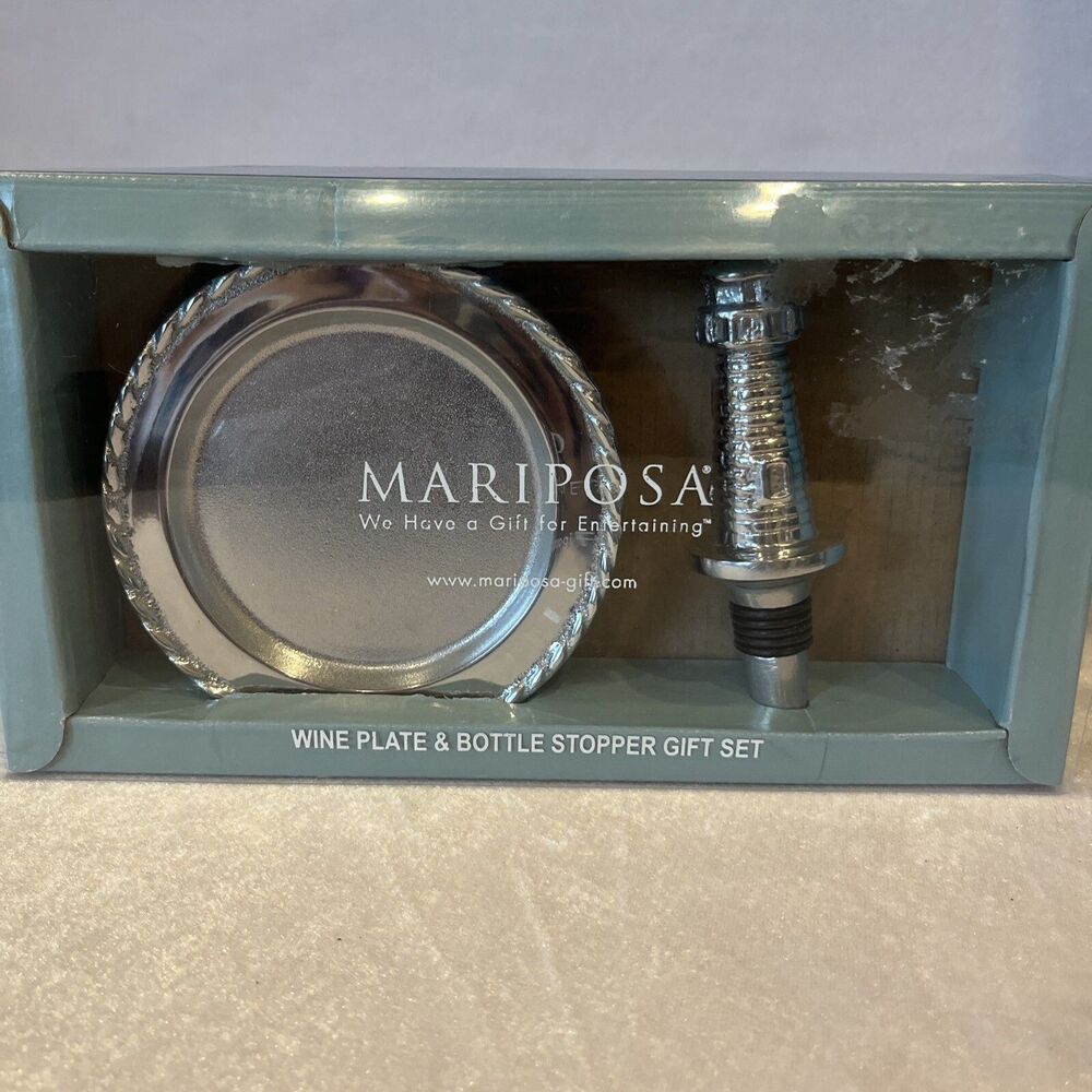 MARIPOSA Wine Plate & Lighthouse Bottle Stopper Gift Set Recycled Aluminum NIB